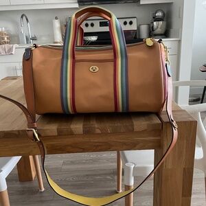 Coach Brown Travel Bag with Multicolor Straps